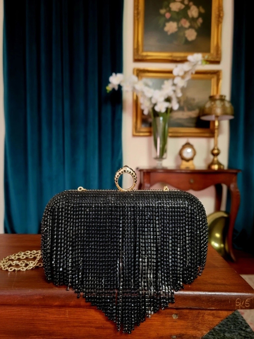 Badgley Mishka Righnstones Fringe Clutch.Cascading Black CrystalTiers Ring Clasp